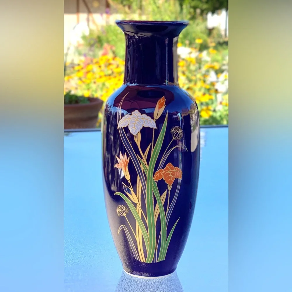 Cobalt Blue Floral Asian Art Porcelain Vase, Japan